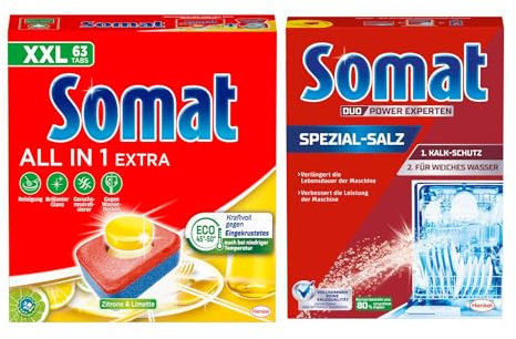 SOMAT Tabs 63 AW all in 1 Extra Zitrone & Limette, Geschirrspül Tabs für strahlende Sauberkeit, bekämpfen selbst eingetrocknete Rückstände + Somat Duo Power Experten Spezial-Salz 1,2kg