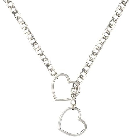 QKEOISUD Link Chains Necklace,Women Clavicle Choker With Heart Pendant Necklace,Punk Stainless Steel Lasso Heart-Shaped Jewelry, Fashionable Item, Jewelry Gift (Silver)