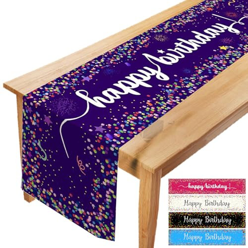 LUKIUP Tischläufer Geburtstag, Lila Linen Tablecloth, 183 x 33 cm, Happy Birthday Geburtstag Junge and Mädchen Tischläufer, Geburtstagstisch Deko Bunt, Happy Birthday Celebration