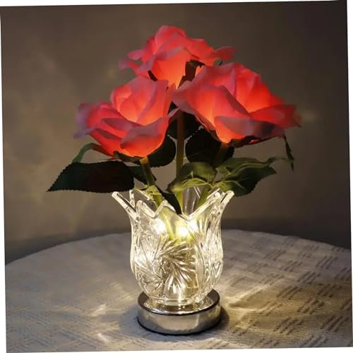 Obelunrp Lampe à Fleurs, 26 cm / 10,2 Pouces de Rose Artificielle Fleur avec Vase en Verre, Lampe Florale Rechargeable USB, Cadeaux Uniques pour décor de Chambre de Mariage (Rose)