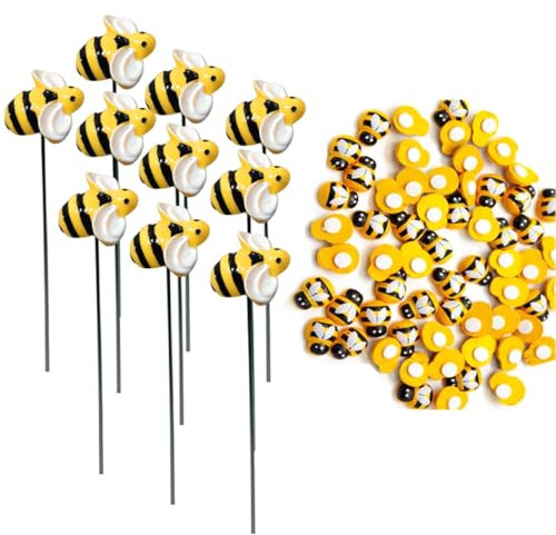 109 Pack Mini Bee Garden Ornament Bee Decorative Garden Stakes for Plants Bee Stickers Decor Bumble Bees Stake Flowers Pots Decorations Outdoor Outside Yard Lawn Gifts Yellow