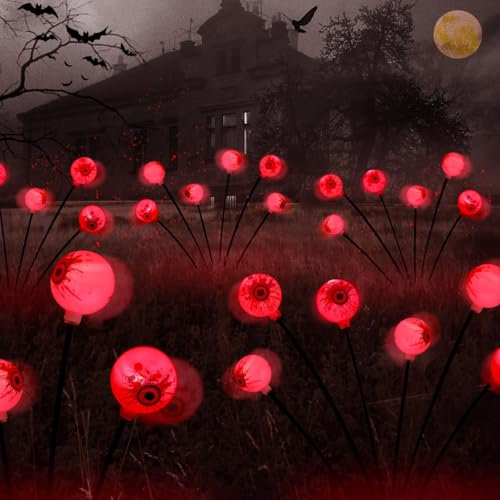 Charfia 2 Stück Halloween Deko Licht Outdoor, 8 LED Augapfel Halloween LED Lichter Solar Gartenlichter Dekoration Deko Leuchtend Lichterkette Gartenbeleuchtung Solarlampen für Außen Garten