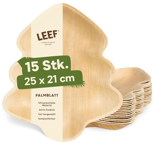 Leef 15x Palmblatt Teller Tannenbaum - Weihnachten Deko und Snack Schale kompostierbar und naturbelassen - 25 x 21 x 2.5 cm