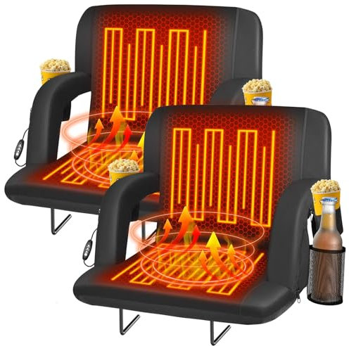 Seeutek 2pcs Heated Stadium Seats with Back Support and Wide Cushions for Bleachers, Portable Bleacher Chairs with Backrest, USB 3 Levels and 5 Pockets Foldable Stadium Chairs for Sports