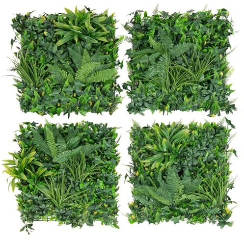 COSTWAY 4 Stück Künstliche Hecke Pflanzenwand, 50 x 50 cm, Paneele mit vielfältigen Blättern, Simulierter Rasen Kunstpflanze, Künstliche Pflanze Wandpflanze, für Wand Balkon Garten, Grün