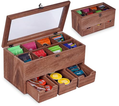 WPAJIRZO Teebox Holz für Teebeutel 8 Fächern – Rustikale Aufbewahrungsbox Organizer mit 3x Schubladen für Tee, Kaffeekapseln & Zuckersticks