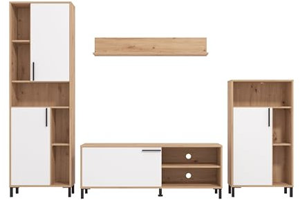 AVANTI TRENDSTORE - Austis - Wohnwand aus laminiertem Holz in der Farbe Artisan Eiche/Weiß Hochglanz mit vielen offenen Fächern, 4 Türen und 1 Wandregal. Maße LAP ca. 279 x 192,5 x 38 cm