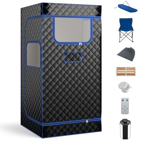 COSTWAY Cabina Sauna a Vapore 3L, Sauna da Casa con Massaggiatore per Piedi, 9 Livelli di Temperatura, Timer 90 Minuti, Sedia Pieghevole e Tappetino, Spa Personale per Casa (Nero)