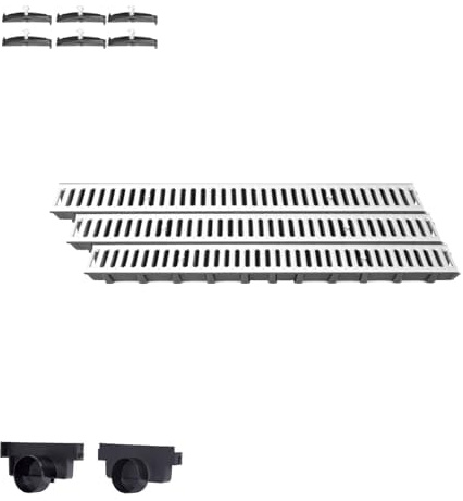 Entwässerungsrinne Set – befahrbar (A15) mit verzinktem Stahlrost | 3 m Länge, Bauhöhe 63 mm | Weitere Varianten: 1–10 m Länge, Bauhöhe 63 mm, 98 mm, 148 mm | Ablaufrinne für Garten, Hof & Einfahrt