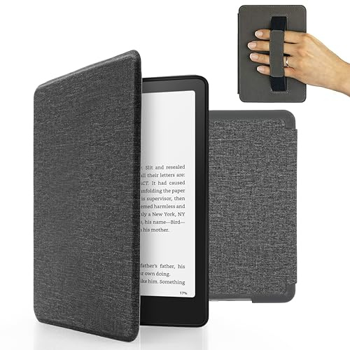 MyGadget Housse pour Kindle Paperwhite 12e Génération [ 2024 - SA569P - 7 Pouces ] - Etui Nylon Poignée élastique - Flip Case Tissu - Cover Gris Clair