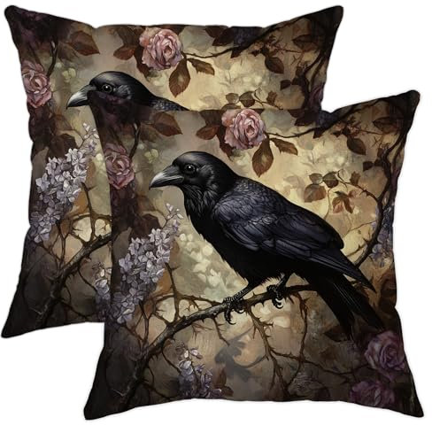 Raben-Kissenbezüge, 2er-Set, schwarze Krähe mit Blumenmuster, Gothic, dekorativ, quadratisch, für Zuhause, Sofa, Bett, Lounge, Dekoration, 40,6 x 40,6 cm