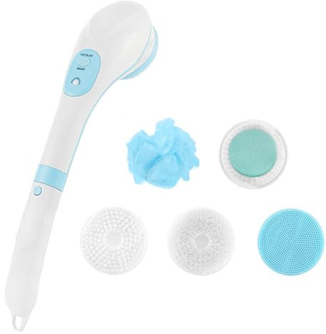Rechargeable Electric Body Brush Set with Long Handle,Waterproof Bathing Back Skin Cleaning Brush for Exfoliating Skin,Back Scrubber for Deep Cleaning Relaxing(White+Blue)