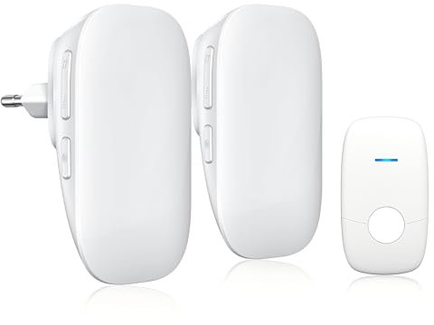 JeaTone Sonnette sans Fil Exterieur Etanche avec 2 Récepteurs, IP55 Etanche Carillon 150 Mètres, 36 Mélodies et 4 Niveaux Volume, Indicateur LED, pour Maison, Hôtel, Blanc Kit de Sonnette sans Fil