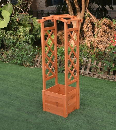 Mucola Rosenbogen mit Pflanzkasten Holz Spalier mit Blumenkasten Rankhilfe Deal für Kletterpflanzen Pflanzkübel Rosensäule Rankgitter - Braun