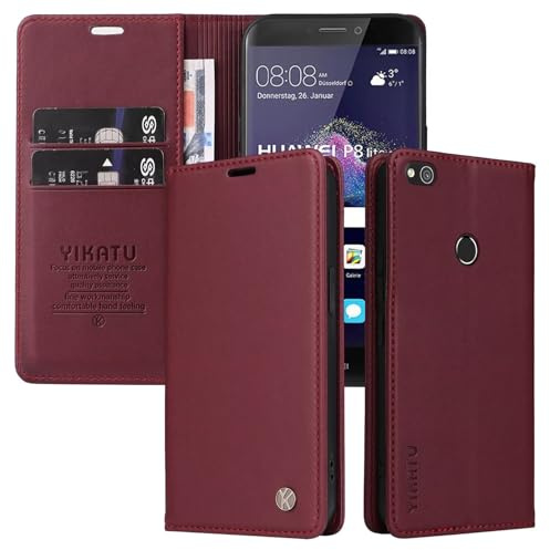 SLWYF Handyhülle für Huawei P8 lite 2017/P9 lite 2017 Hülle, Premium PU Lederhülle Wallet Klappbar Flip Case Tasche Magnet Kartenfach Standfunktion Klapphülle Schutzhülle Handyhülle, Rot