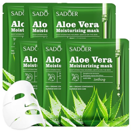6 Stück Aloe Vera Maske Gesicht Feuchtigkeitsmaske Gesicht Aloe Vera Gesichtsmaske Tuchmaske Damen Gesichtspflege Beruhigende Maske After-Sun Repair Hautpflege Für Mädchen Frauen (25g)