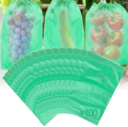 TZEKING 100 Stück Traubenschutzbeutel,20x30cm Obst Schutzbeutel,Vliesstoff Weintrauben Schutzbeutel,Garten Netzbeutel mit Zugband,Fruchtschutzbeutel,Schützen Obst Weintrauben vor Wespen und Vögel