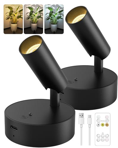 Kabellose Spotlight Aufladbar Wandstrahler Innen mit 3000mAh Akku, 3 Farben Dimmbar Wandspot mit Timing Fernbedienung, Schwarz Akku Wandleuchte für Bilderbeleuchtung Pflanzenbeleuchtung [2er Set]