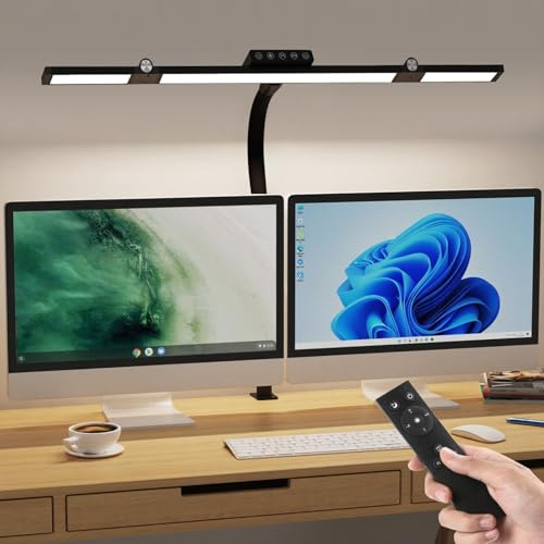 HMAKGG LED Schreibtischlampe Klemmbar, 24W 3-Lichtbalken Schreibtischlampe Dimmbar, 70cm Augenschutz Tageslichtlampe mit Fernbedienung, 5 Helligkeit & Timer, Büro Tischlamp für Homeoffice, Schwarz