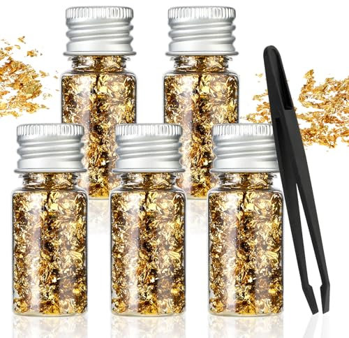 JIYIN 5 Flaschen Blattgoldflocken, Multifunktion Blattgold Blätter Essbar Goldfolie Flocken für Vergoldung Malerei Küche Mousse Handwerk Nägel Und DIY