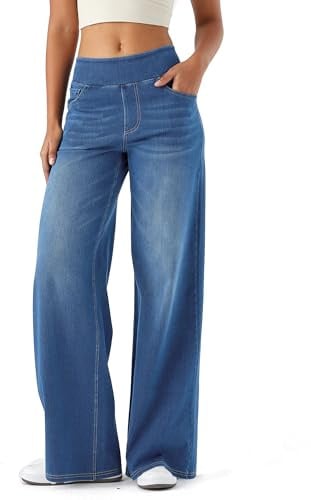 LaiEr Damen Denim Hose mit weitem Bein, hohe Taille, gerades Bein, lockere Passform, Unregelmäßiger handgeriebener Katzenschnurrhaarverlauf hohe Elastizität Casual Jeans