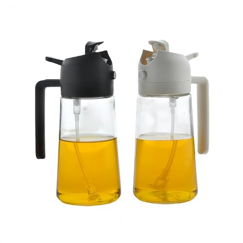 LUTAKU 2PCS 470ml 2-in-1 Oil Sprayer & Dispenser Set, Glass Olive Oil Spray Bottle with Pour Spout for Cooking, Salad, BBQ, Air Fryer (Black & White)