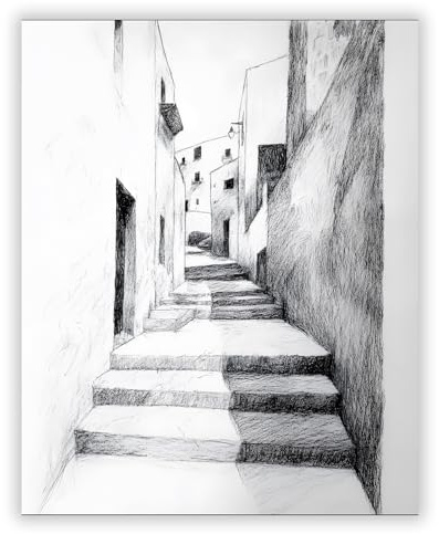 Druck-Palast Bleistiftzeichnung Treppen in der Altstadt Poster - 40x50cm - Kunstdruck - Wohnzimmer Flur - Nostalgisch Mediterran Architektur - Hochwertiger semimatter Druck - Wanddekoration ohne