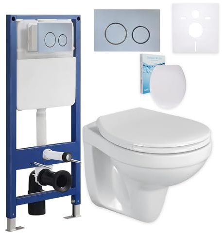 sanicomfort Wand WC-Set + Vorwandelement inkl. runder Betätigungsplatte hellgrau | Unterputz-Komplettset mit 2-Mengen-Spülung | Modernes WC Installationsset