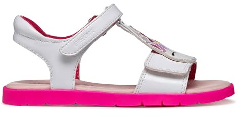 Geox Joyfoot J65P1C Mädchen-Sandalen mit Einhorn, Weiß und Neon-Pink, doppelter Riemen, Sohle aus EVA und Leder