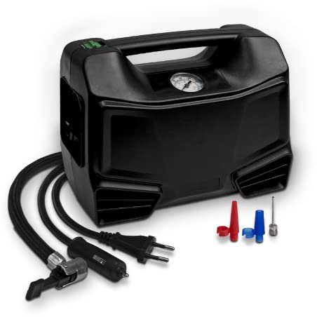 SALKI Compresor de Aire Dual House & Car 230V-12V Portable, Bomba de Aire para Coche y Casa con Doble Salida AC 230V y DC 12V, Compartimento para Boquillas Integrado, Uso Profesional Material Metal
