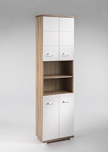 byLIVING Hochschrank NEBRASKA / Badschrank Sonoma Eiche, Türen Hochglanz weiß lackiert / Badezimmerschrank 4 Türen mit offenen Elementen & viel Stauraum / B 50, H 192, T 31,5 cm