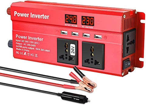 Cantonape Power Inverter 800W/2000W Peak DC 24V to AC 230V 240V Car Converter 24V Inverter with 4 USB 3 Universal Sockets Cigarette Lighter Adapter in Car Crocodile Clip