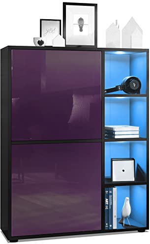 Vladon Buffet Haut Cuba avec 8 Compartiments, Caisson en Noir Mat/Façades en Mûre laqué Haute Brillance avec éclairage LED RGB