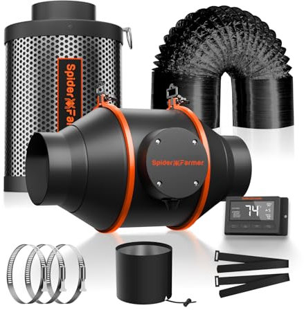 Spider Farmer 4 Inch Inline Fan Carbon Filter Ducting Kit, Exhaust Fan with Temperature Humidity Controller Hydroponics Grow Tent Ventilation Kit for Heating Cooling Booster, Grow Tents, Hydroponics