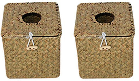 Heritan 2 Pack Square Seagrass Facial Tissue Box - Decorative Woven Paper Holder Napkin Dispenser - Straw Tissue Box Cover