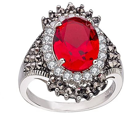 Colorful Vampir Vintage Thai Silber Großer Ring Ring Roter Granatapfel Schmuck Übertriebener schwarzer Erzring Ringe für Eternal Hochzeit Damen Herren (Watermelon Red, 8)