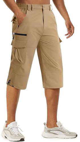 TACVASEN 3/4 Trousers Men Shorts Casual Shorts Quick Dry Stretch Shorts Cropped Cargo Shorts 3 Quarter Length Below Knee Long Sport Shorts Khaki,34