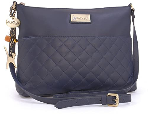 Catwalk Collection Handbags - Damen Umhängetasche Mittelgroß - Crossbody Bag/Handtasche - Gesteppte Leder - Verstellbarer Gurt - Sadie - Blau