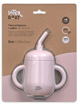 Interbaby - Vaso Aprendizaje Bebe Antigoteo | Vaso Antiderrame Bebe Silicona, Dos Asas, +6 Meses | Vaso con Pajita Niños, Cómodo, Evolutivo, Sin BPA | Rosa Maquillaje