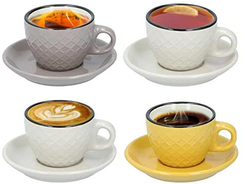 BAKAJI Set Servizio da 4 PZ Tazze Tazzine con Piattini da Caffè e tè in Ceramica Colori Assortiti Multicolore Design Moderno Capacità 90 ml