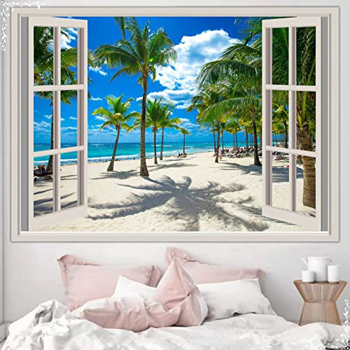 Dsnyu Wandteppich Tropische Pflanzen, Wall Tapestry Ocean Blau Grün Landschaft Strand Wandbehang Wohnzimmer Polyester 240X220cm