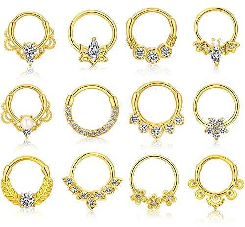 12 Stück Septumring,Kucheed 16G Chirurgenstahl Gold Nasenringe Hoop Septum Schmuck,Niedliche Knorpelhelix Daith Ohrringe Rook Hoop Nasenloch Nasen Körper Piercing Schmuck für Frauen Männer