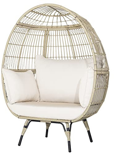 COSTWAY Rattan Egg Chair, Oversized Patio Lounge Chair with Cushions, Outdoor Indoor Wicker Egg Basket Seat Teardrop Chair for Living Room, Balcony, Garden and Porch, 180kg Load Capacity (Off White)
