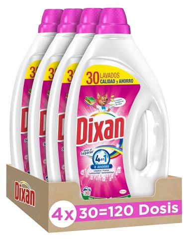 Dixan Detergente Líquido Lavadora, Adiós al Separar Total 4 en 1, (pack de 4, total: 120 lavados) Limpieza, luminosidad, frescor y sostenibilidad para la ropa de color