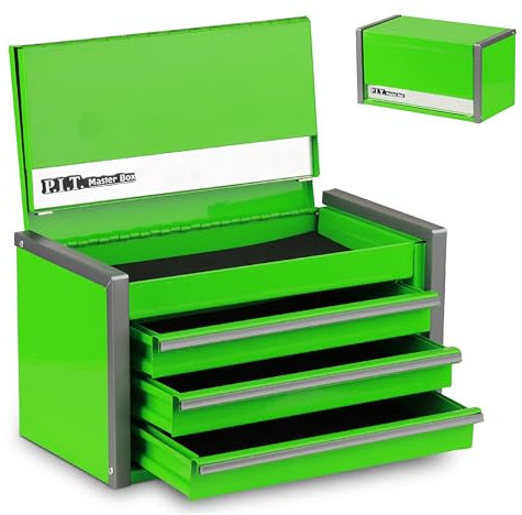 P.I.T. Mini grüner Werkzeugkasten, tragbarer Werkzeugkasten aus Stahl mit 3 Schubladen, mit magnetischer Lasche, grüne Mikro-Top-Truhe mit Einsatz für Werkzeugaufbewahrung, Heimwerker