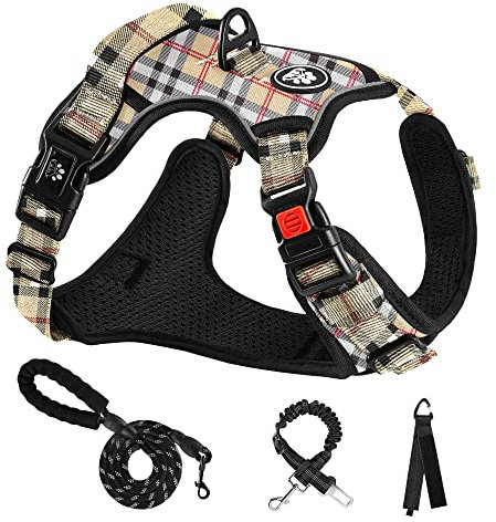 NESTROAD Anti Zieh Hundegeschirr Große Hunde Leine Geschirr Set Kariert Beige, Größe XL für Hunde Grosse mit Halsumfang 43~64CM Brustumfang 53~89CM, Brustgeschirre, Hundeleine, Sicherheitsgurt