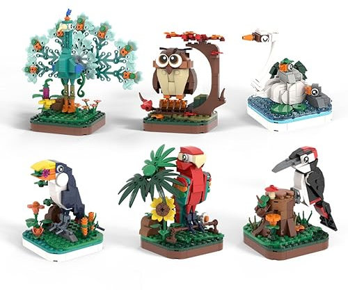 WANGE Tierische Fortpflanzung zum Bauen mit Bauklötzen. Set mit 6 Vögeln: Pfau, Eule, Schwan, Tukan, Papagei und Specht.