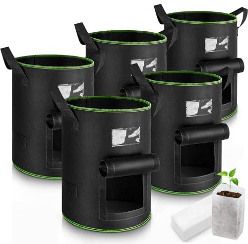 Enbagold 5 Sac Plantation Pomme de Terre avec 60 Sacs de Semis, 40L Sac de Plantation Non Tissé, Sac Culture Pomme de Terre avec Poignées et Fenêtre, Pots pour Tomates, Carottes, Fraises, Légumes
