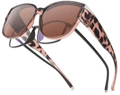 Polarised Fit Over Glasses Sunglasses for Women UV Protection, Trendy Oversized Square Wrap Around Shades for Driving(Amber Leopard,Brown)