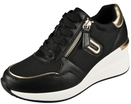 LoudLook Ladies Classic Trainers Fabric Wedge Heel Lace Up Running Gym Casual Pumps Shoes Sizes Black 4